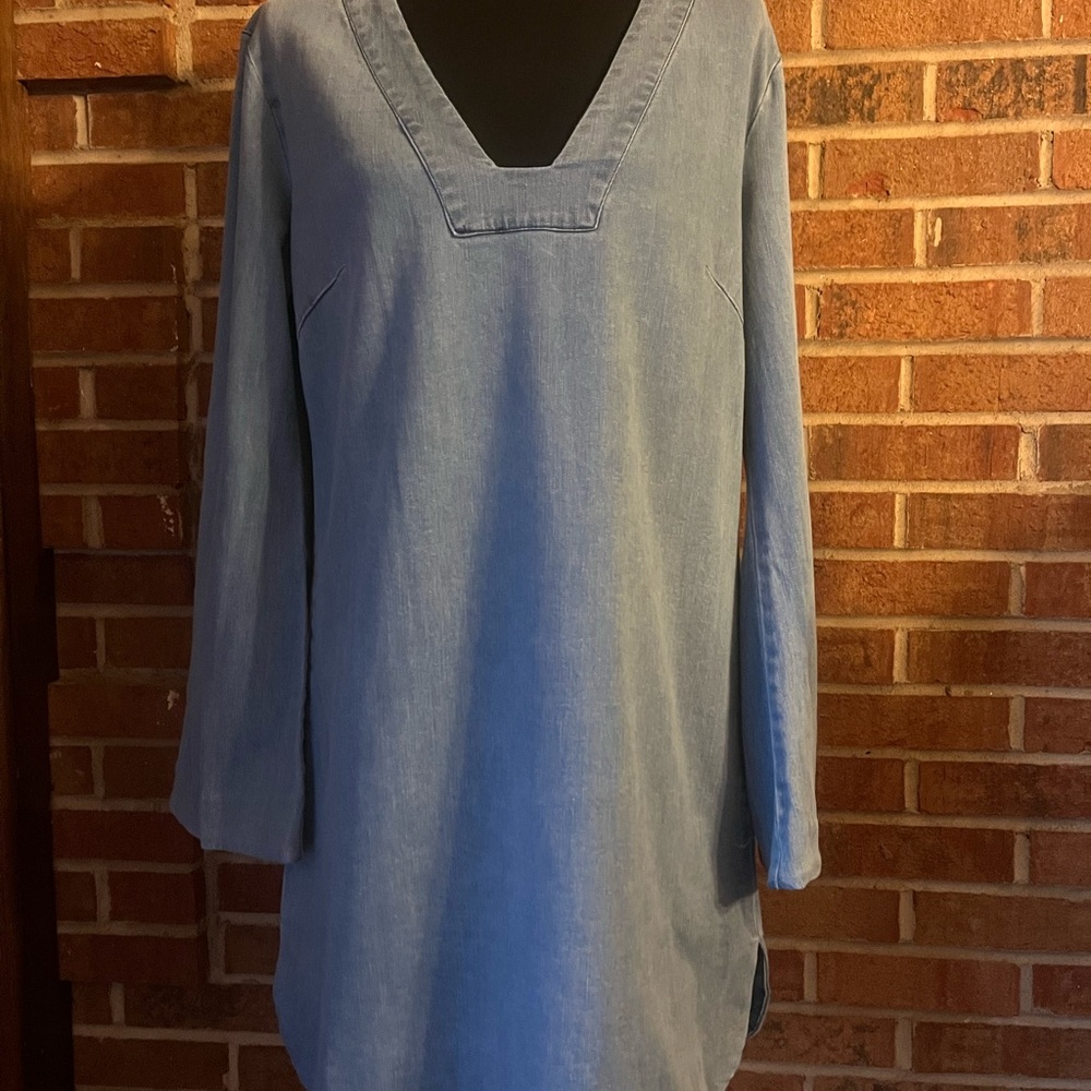 Lumiere Women L V-Neck Denim Tunic Dress Bell Sleeves Stretch Boho Contemporary